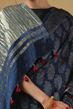 Indigo Ajrakh Handblock Print Modal Saree | Jabbar Khatri