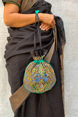 Shrujan Morlo Black Hand Embroidered Silk Potli Bag Online