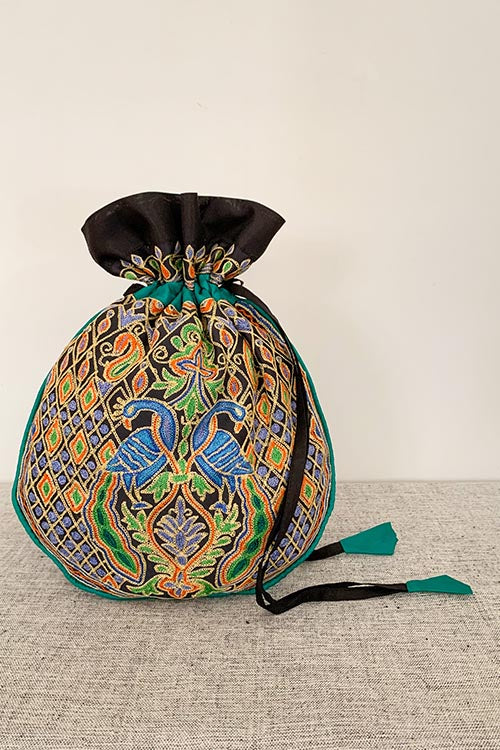 Shrujan Morlo Black Hand Embroidered Silk Potli Bag Online