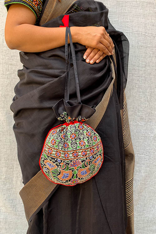 Shrujan Bagicha Black Hand Embroidered Silk Potli Bag Online