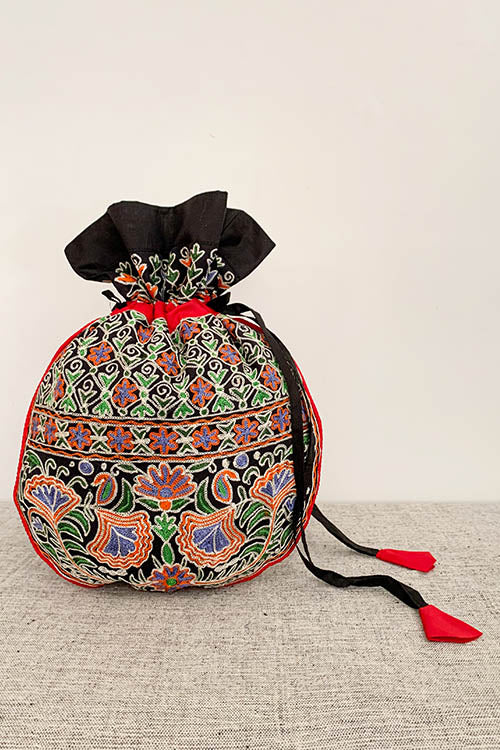 Shrujan Bagicha Black Hand Embroidered Silk Potli Bag Online