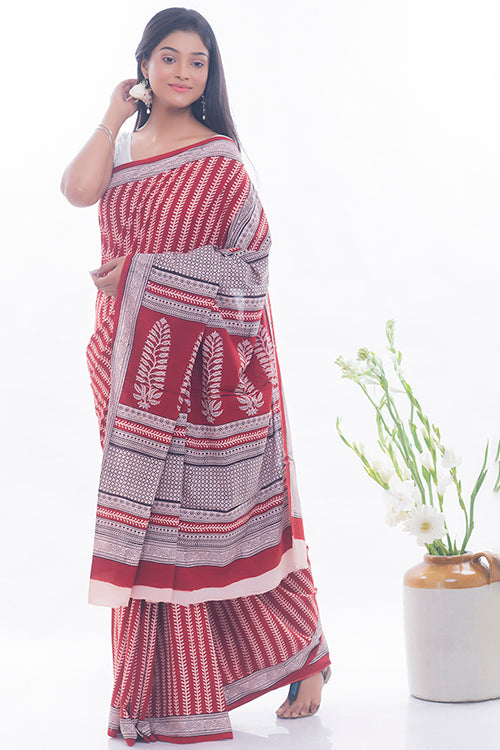  Red & White Vine Bagh Hand Block Printed Cotton Saree Online 