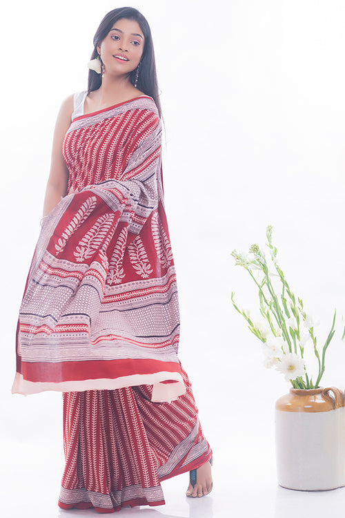 Bagh Hand Block Printed Cotton Saree - Red & White Vine