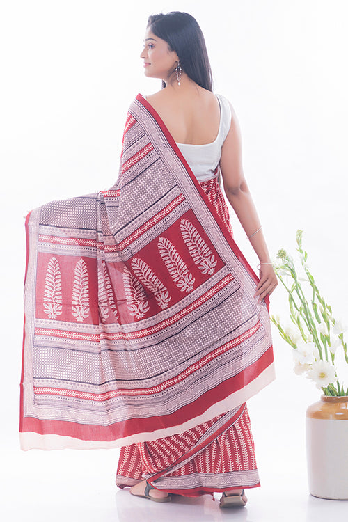 Bagh Hand Block Printed Cotton Saree - Red & White Vine