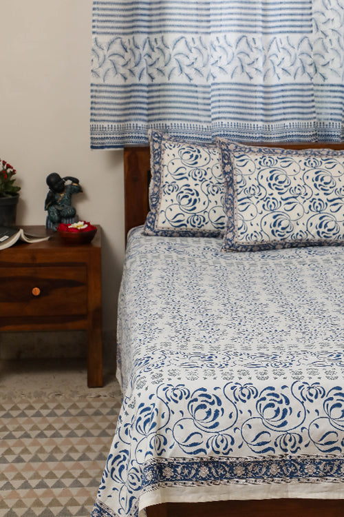 Sootisyahi 'Flowering Waves' Handblock Printed Cotton Bedsheet