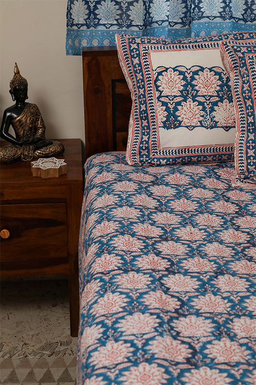 Sootisyahi 'Jal Kumud' Handblock Printed Cotton Bedsheet