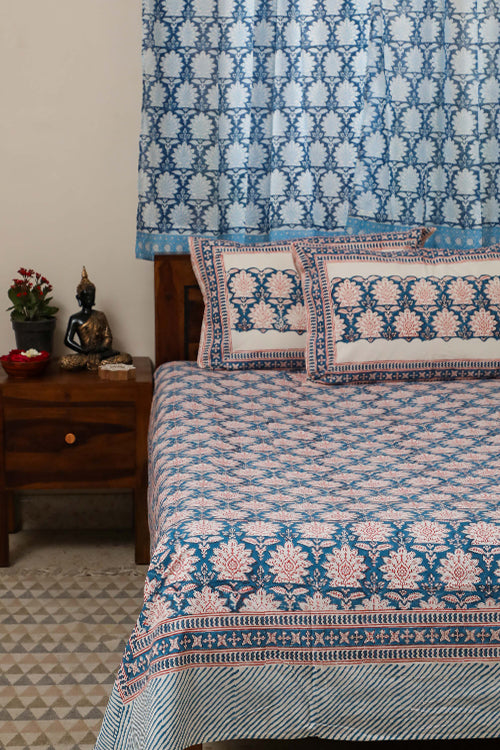 Sootisyahi 'Jal Kumud' Handblock Printed Cotton Bedsheet