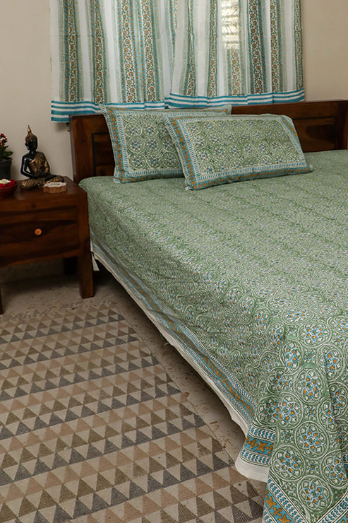 Sootisyahi 'Green Mesh' Handblock Printed Cotton Bedsheet