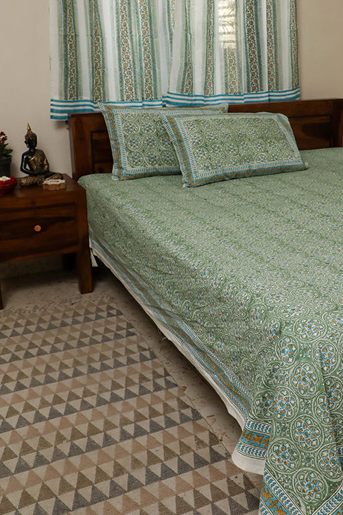 Sootisyahi 'Floral Mesh' Handblock Printed Cotton Bedsheet-11