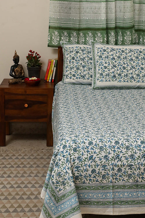 Sootisyahi 'Floral Mesh' Handblock Printed Cotton Bedsheet-23