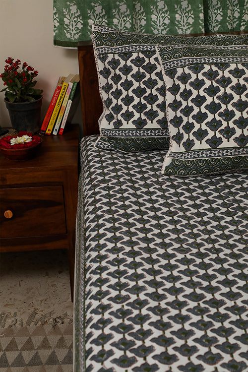 Sootisyahi 'Jal Kumud' Handblock Printed Cotton Bedsheet-24