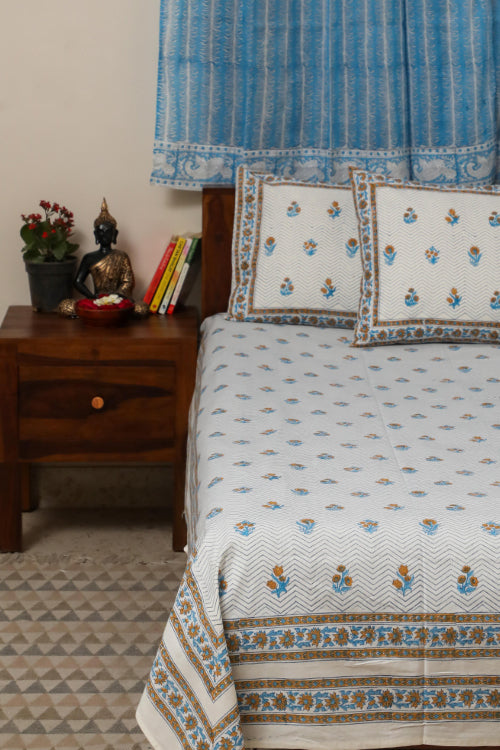 Sootisyahi 'Dream of Flowers' Handblock Printed Cotton Bedsheet-27