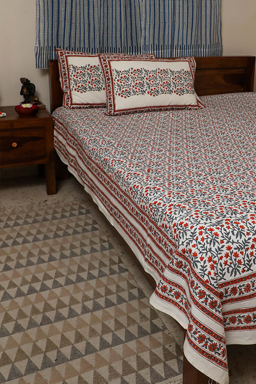 Sootisyahi 'Floral Mesh' Handblock Printed Cotton Bedsheet-30