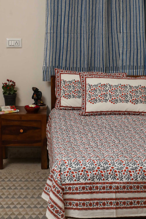 Sootisyahi 'Floral Mesh' Handblock Printed Cotton Bedsheet-30