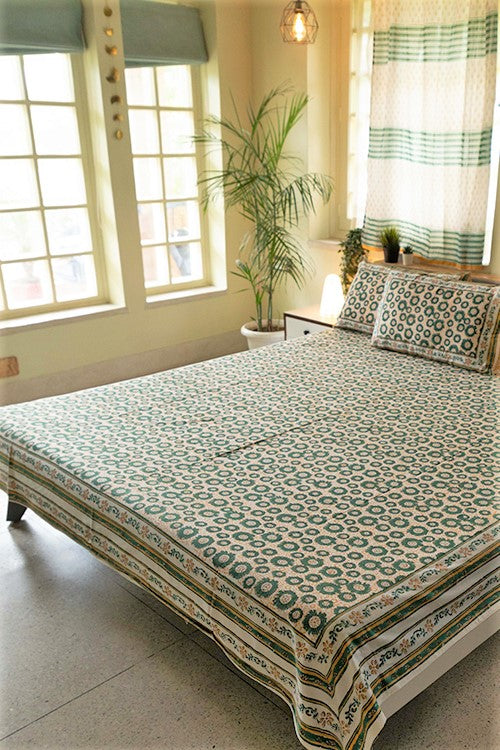 Sootisyahi 'Green Glow' Handblock Printed Cotton Bedsheet