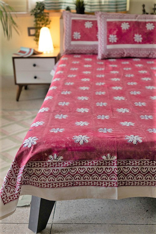 Sootisyahi 'Blooming Pink' Handblock Printed Cotton Bedsheet