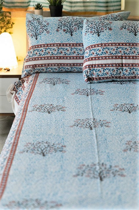 Sootisyahi 'Blue Bloom' Handblock Printed Cotton Bedsheet