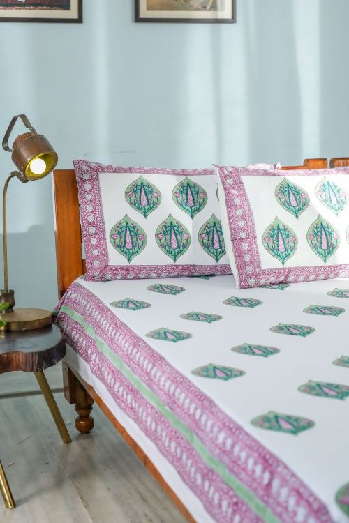 Sootisyahi 'Green & Voilet' Handblock Printed Cotton Bedsheet