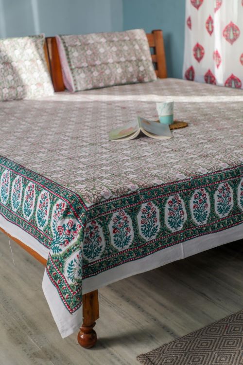 Sootisyahi 'Mughal Garden' Handblock Printed Cotton Bedsheet