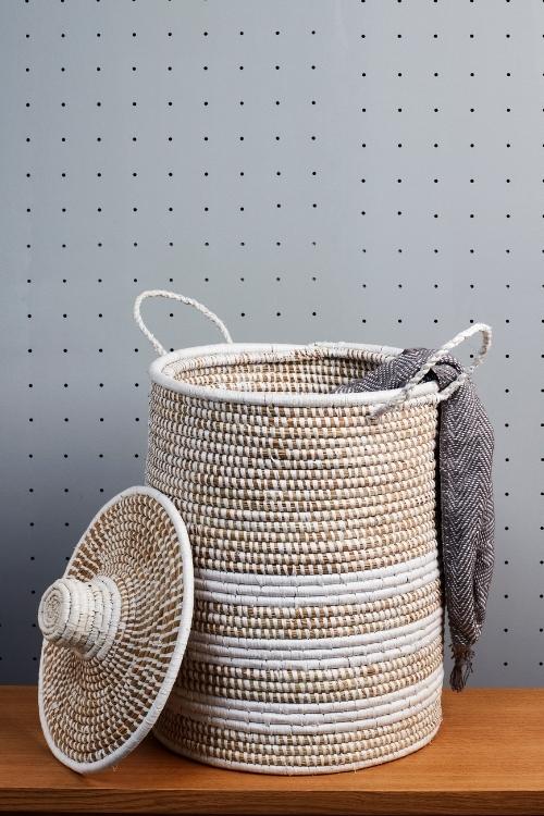 Handmade Moonj Grass Laundry Basket (White)