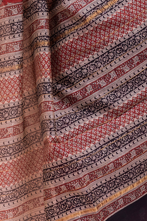 Classic Elegance. Bagru Block Printed Chanderi Saree - Red Floral