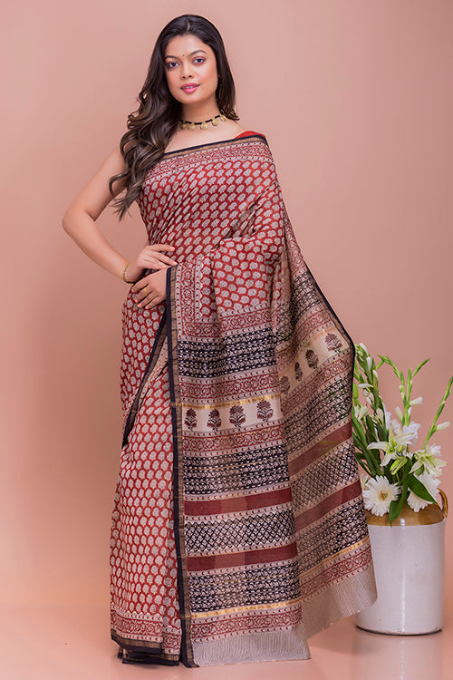 Classic Elegance Bagru Block Printed Red Roses Chanderi Saree Online