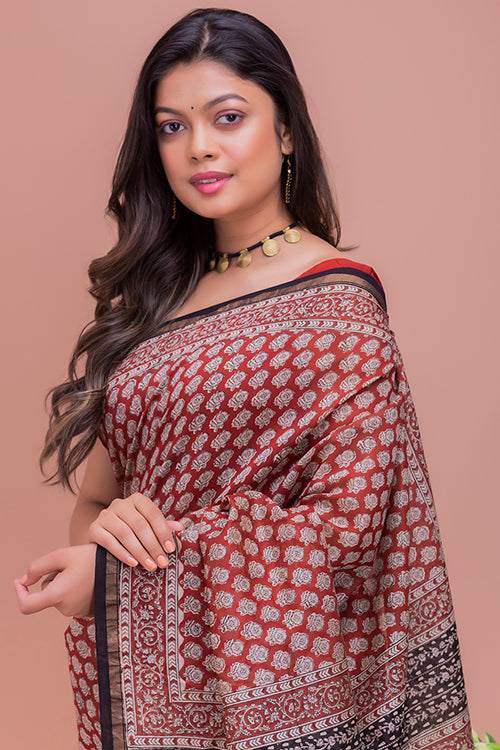 TICH Classic Elegance. Bagru Block Printed Chanderi Saree - Red Roses