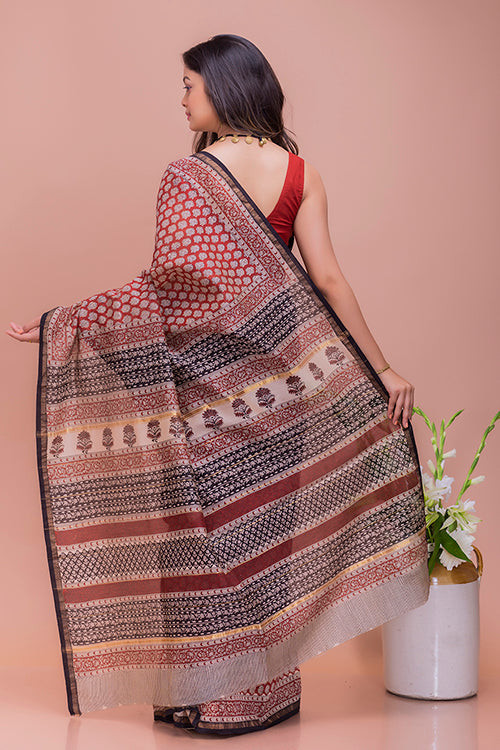 Classic Elegance. Bagru Block Printed Chanderi Saree - Red Roses