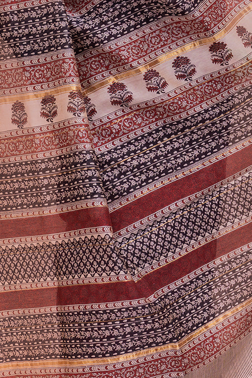 TICH Classic Elegance. Bagru Block Printed Chanderi Saree - Red Roses