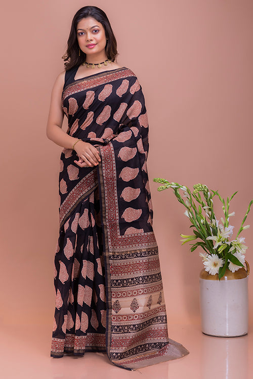 Bagru & Dabu Block Printed Black Motifs Kota Doria Chanderi Saree Online 