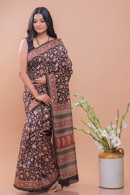 Bagru & Dabu Block Printed Black Floral Kota Doria Chanderi Saree Online 