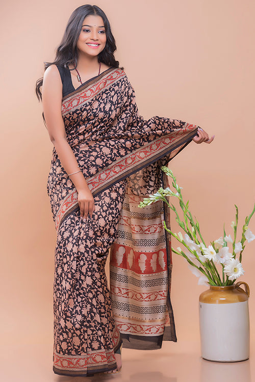 Bagru & Dabu Block Printed Black Floral Kota Doria Chanderi Saree Online 