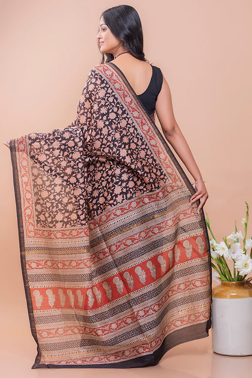 Classic Elegance. Bagru Block Printed Chanderi Saree - Black Floral