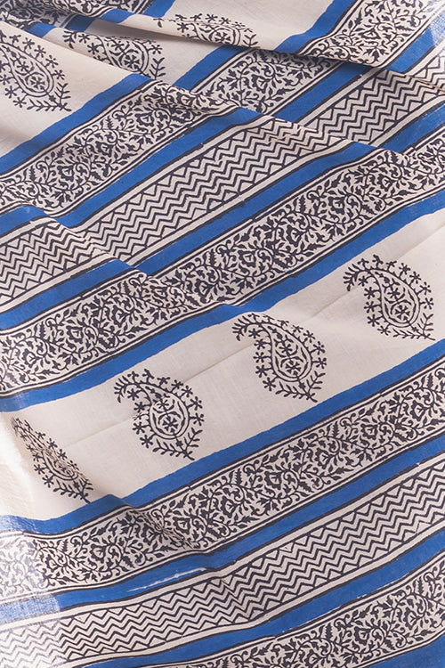 Summer Classics. Bagru Block Printed Mulmul Cotton Saree - Blue Flora