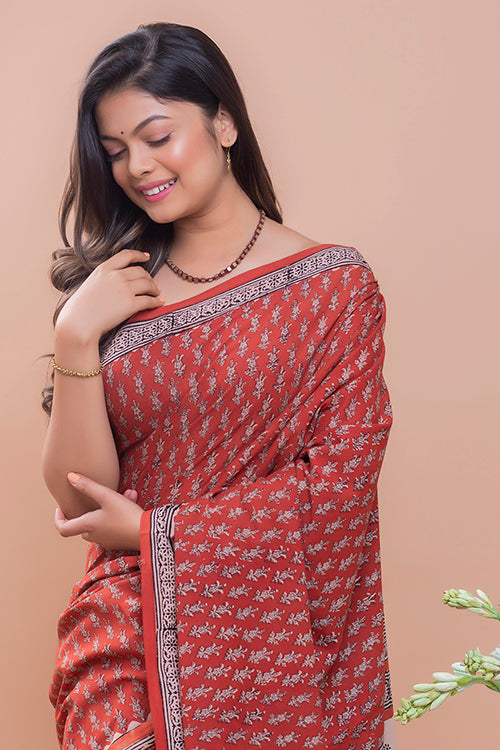 Red Flora Bagru Block Printed Mulmul Cotton Saree Online