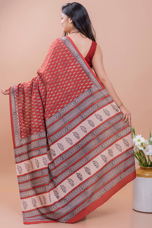 Summer Classics. Bagru Block Printed Mulmul Cotton Saree - Red Flora