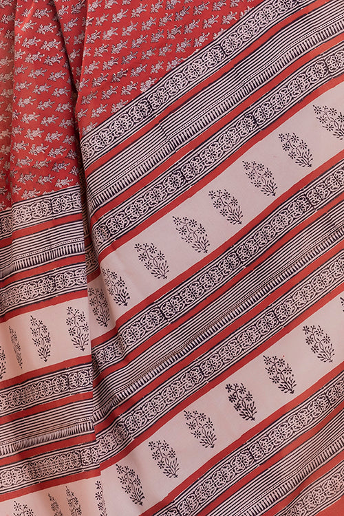 Summer Classics. Bagru Block Printed Mulmul Cotton Saree - Red Flora