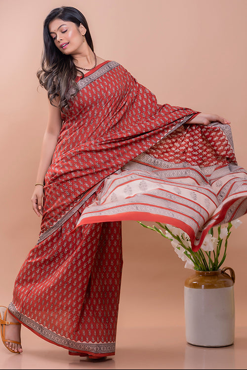 Summer Classics. Bagru Block Printed Mulmul Cotton Saree - Red Flora