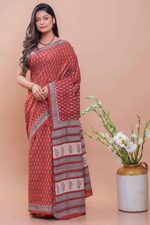 Summer Classics. Bagru Block Printed Mulmul Cotton Saree - Red Flora