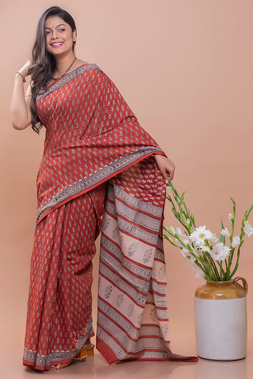 Red Flora Bagru Block Printed Mulmul Cotton Saree Online