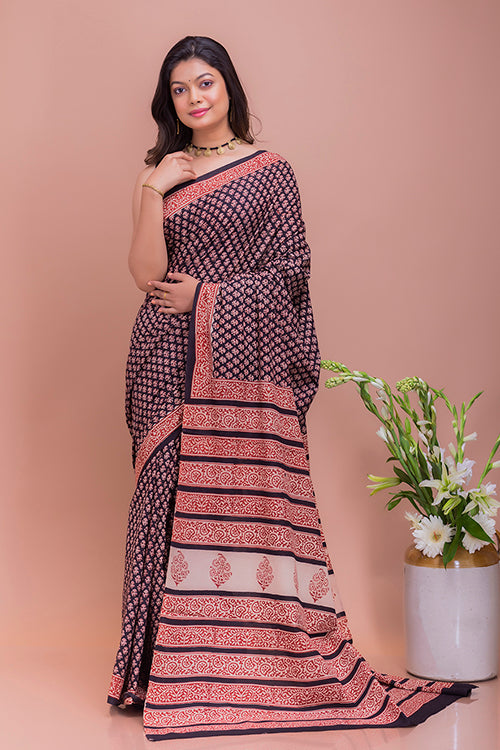 Summer Classics. Bagru Block Printed Mulmul Cotton Saree - Black & Red Florets