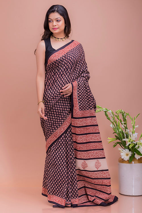 Summer Classics. Bagru Block Printed Mulmul Cotton Saree - Black & Red Florets