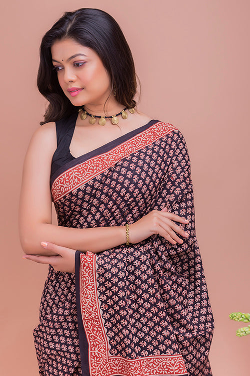 Summer Classics. Bagru Block Printed Mulmul Cotton Saree - Black & Red Florets