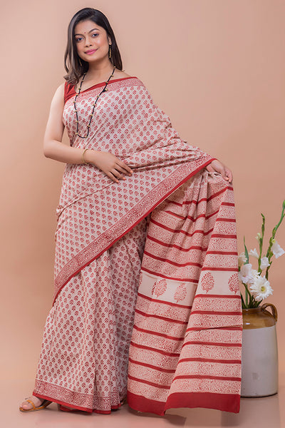 Summer Classics. Bagru Block Printed Mulmul Cotton Saree - Red