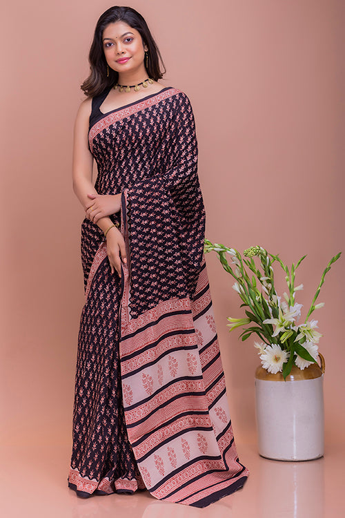 Summer Classics. Bagru Block Printed Mulmul Cotton Saree - Black Flora