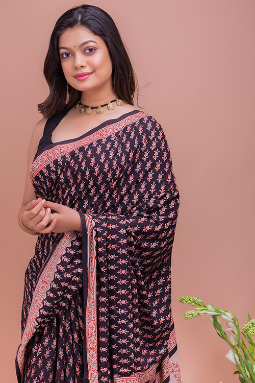 Summer Classics. Bagru Block Printed Mulmul Cotton Saree - Black Flora