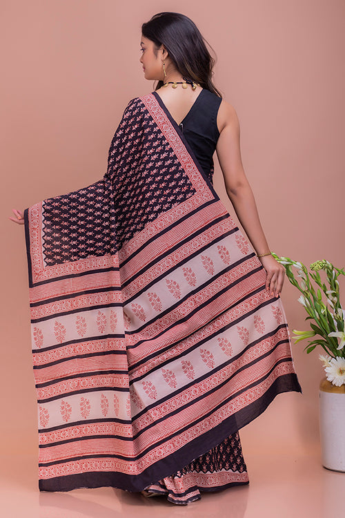 Summer Classics. Bagru Block Printed Mulmul Cotton Saree - Black Flora