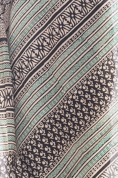 Summer Classics. Bagru Block Printed Mulmul Cotton Saree - Black & White Flora