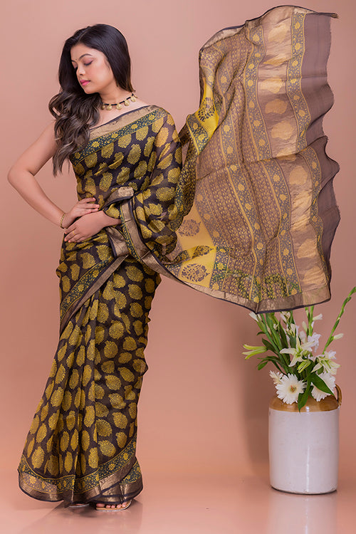 TICH Classic Elegance. Bagru Block Printed Kota Silk Doria Saree - Yellow Paisleys