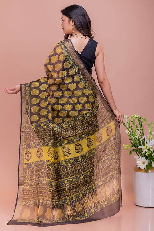 Classic Elegance Bagru Block Printed Yellow Paisleys Kota Doria Saree Online 